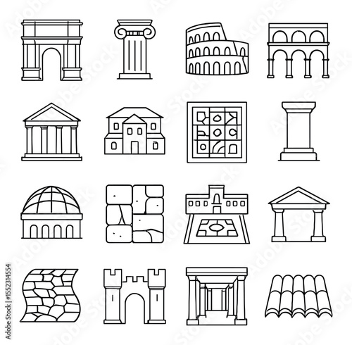 Ancient Roman architecture icons in minimalistic line art : triumphal arch, Roman column, amphitheater, aqueduct bridge, basilica roof, Roman villa, mosaic floor, marble statue base, tiled dome,
