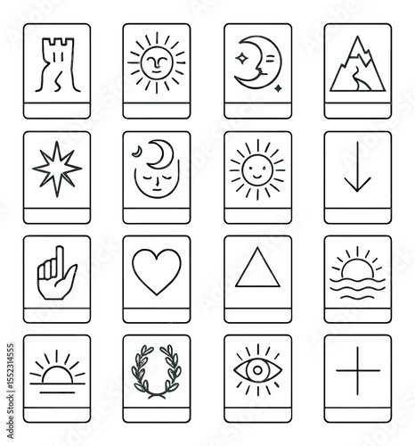 Classic tarot spread cards icons in minimalistic line art : past card icon, present card, future card, challenge card, outcome card, subconscious card, conscious mind card, external influence