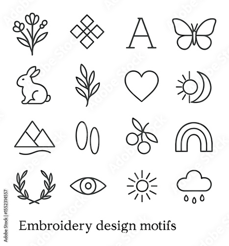 Embroidery design motifs icons in minimalistic line art : floral bouquet, geometric pattern, monogram letter, butterfly shape, animal silhouette, botanical branch, heart outline, sun and moon