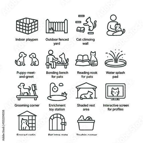 Pet interaction zones icons in minimalistic line art : indoor playpen area, outdoor fenced yard, cat climbing wall, quiet cuddle room, puppy meet-and-greet space, bonding bench with toys,