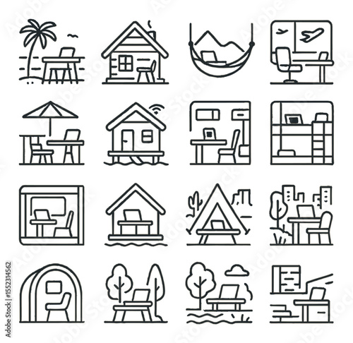Remote work environments icons in minimalistic line art : beachside coworking table, mountain cabin with desk, hammock with laptop, airport lounge workspace, rooftop café setup, jungle hut with