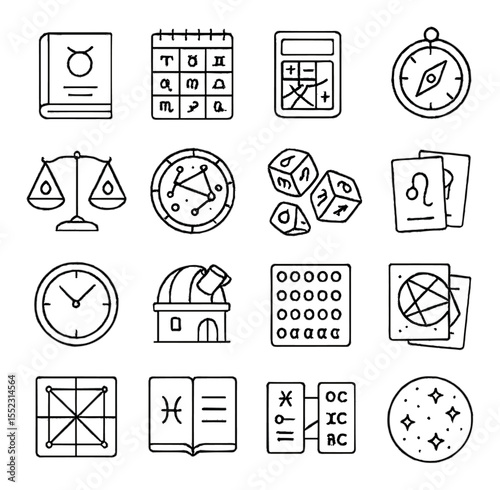 Astrology tools and visuals icons in minimalistic line art : ephemeris book, zodiac calendar, chart calculator, celestial compass, element balance scale, planetary transit map, astro dice,