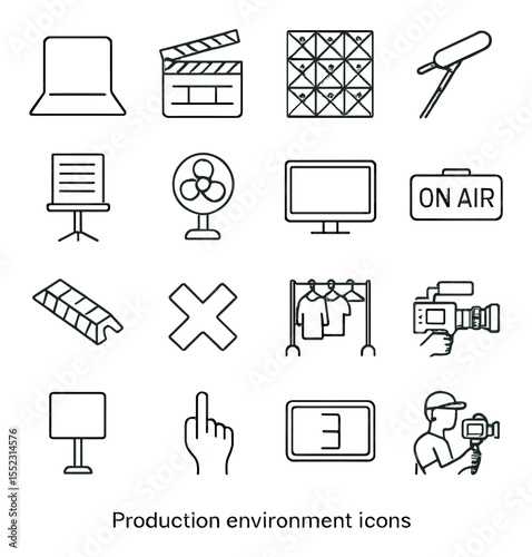 Production environment details icons in minimalistic line art : green screen floor mat, scene number clapperboard, soundproof foam panel, ambient mic on boom, script page on stand, studio fan