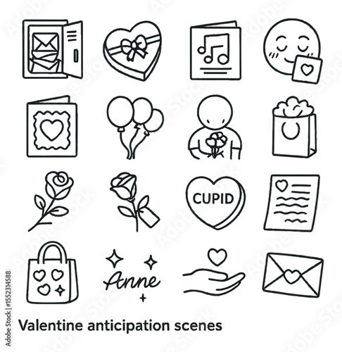 Valentine anticipation scenes icons in minimalistic line art : envelope pile in locker, chocolate heart box, school dance invite, blushing face with card, handmade valentine, red balloon bunch,