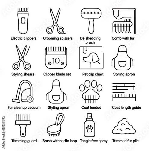 Fur trimming essentials icons in minimalistic line art : electric clippers, grooming scissors, de-shedding brush, comb with fur strands, styling shears, clipper blade set, adjustable grooming