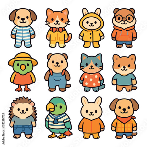 Cute daily outfits icons in modern flat vector in minimalistic vibrant color design: dog in striped pajamas, cat with bowtie and collar, bunny in raincoat and boots, hamster in hoodie and