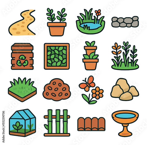 Sustainable landscaping icons in modern flat vector in minimalistic vibrant color design: gravel path, potted herbs, rain garden bed, stone border, small compost bin, green wall frame, vertical