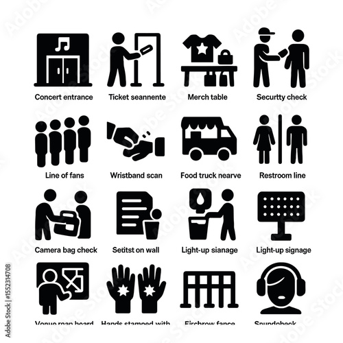 At the venue icons in silhouette solid black-filled shapes with clean, simple : concert entrance sign, ticket scanner gate, merch table display, security check icon, line of fans, wristband