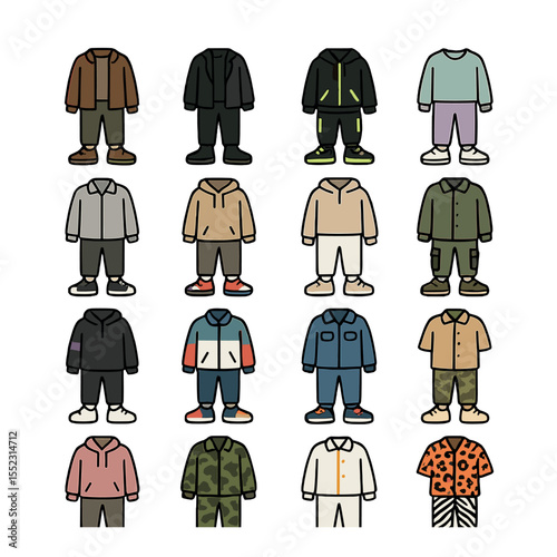 Color-coordinated outfits icons in minimalistic line art : earth tone combo, monochrome set, neon highlights, pastel blend outfit, grayscale look, black and red pair, tan and white street fit,