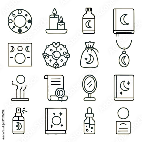 Moon rituals and tools icons in minimalistic line art : moon phase wheel, ritual candle set, moon water bottle, moon journal, altar cloth with moon cycle, crystal moon grid, herbal sachet for
