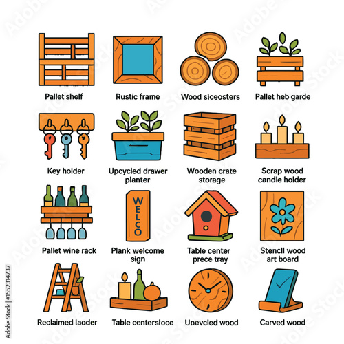 Upcycled wood and pallet projects icons in modern flat vector in minimalistic vibrant color design: pallet shelf unit, rustic photo frame, wood slice coasters, pallet herb garden, key holder