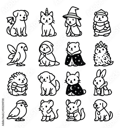 Fantasy-themed costumes icons in minimalistic line art : dog in dragon wings, cat in unicorn horn, bunny as wizard with hat, hamster in knight armor, parrot with fairy wings, lizard as elf with