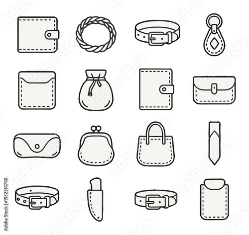 Crafted leather goods icons in minimalistic line art : stitched wallet, braided bracelet, custom belt, embossed keychain, cardholder sleeve, leather pouch, journal cover, tool roll, glasses case