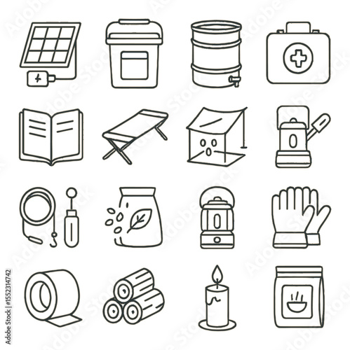 Long-term survival setup icons in minimalistic line art : solar panel charger, food ration bucket, water barrel, field medical kit, survival manual, folding cot, rainwater catch tarp, tool