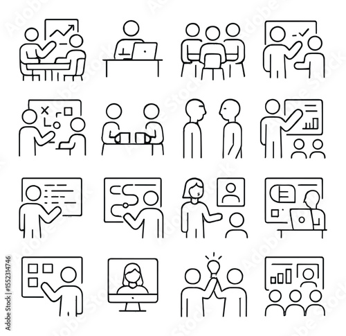 Productivity scenes icons in minimalistic line art : team planning session, solo focus avatar, group pitch table, design review in progress, shared whiteboard moment, casual coffee break scene,