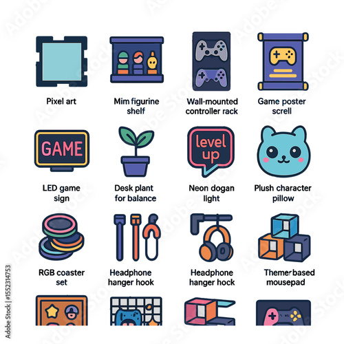 Gaming decor and personalization icons in modern flat vector in minimalistic vibrant color design: pixel art frame, mini figurine shelf, wall-mounted controller rack, game poster scroll, LED