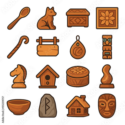 Types of carved objects icons in modern flat vector in minimalistic vibrant color design: wooden spoon, detailed animal figurine, decorative box, floral plaque, carved walking stick, name sign