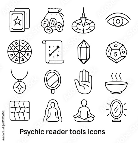 Psychic reader tools icons in minimalistic line art : deck of tarot cards, runes in pouch, pendulum over chart, third eye icon, zodiac wheel, star chart scroll, intuition crystal, divination