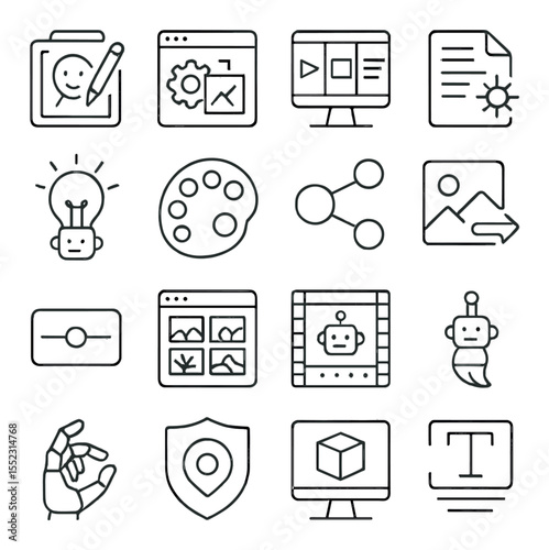 Creative AI partner icons in minimalistic line art : AI sketchpad, generative design engine, digital storyboard screen, creative brief analyzer, robotic brainstorming lightbulb, color palette