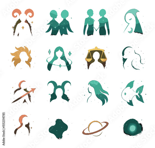Zodiac characters as celestial spirits icons in silhouette solid black-filled shapes with clean, simple : Aries red starlight, Taurus glowing green aura, Gemini mirrored constellation, Cancer