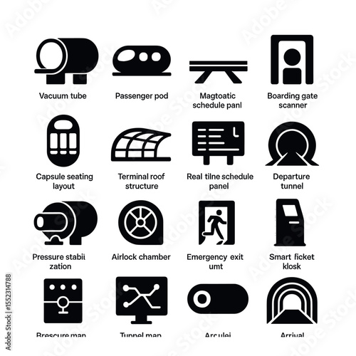 Hyperloop stations icons in silhouette solid black-filled shapes with clean, simple : vacuum tube entrance, passenger pod, magnetic rail track, boarding gate scanner, capsule seating layout,