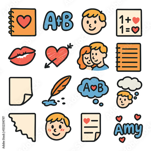 Romantic doodles and journals icons in modern flat vector in minimalistic vibrant color design: spiral notebook with heart, doodled initials in bubble letters, cartoon face sketch, love