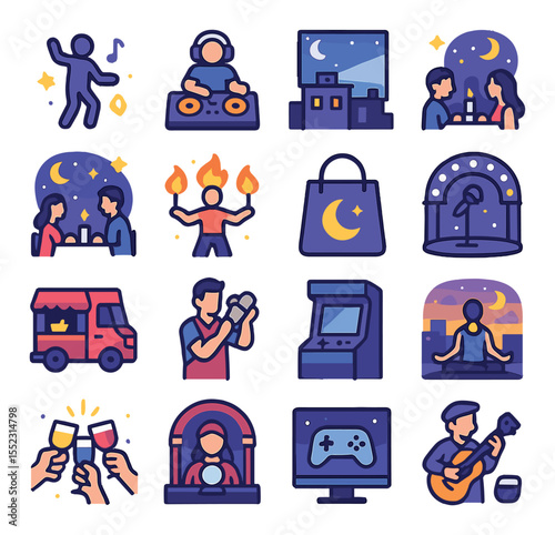 Nightlife activities icons in modern flat vector in minimalistic vibrant color design: dancing silhouette, live DJ setup, rooftop movie projector, group selfie moment, couple dining at night,