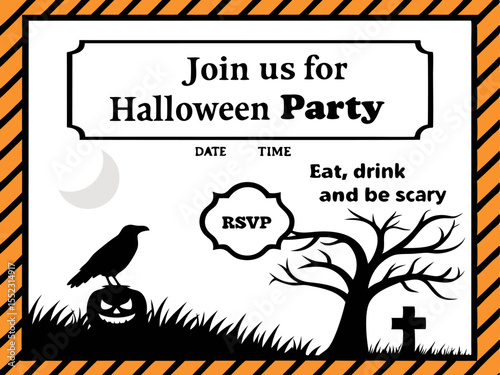 Vintage Halloween party invitation ticket with raven full moon graveyard and spooky details