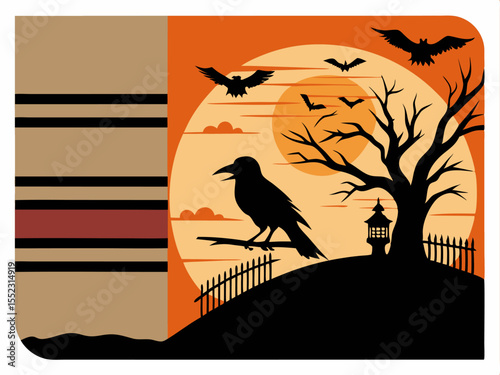 Vintage Halloween party invitation with orange black stripes raven full moon and graveyard