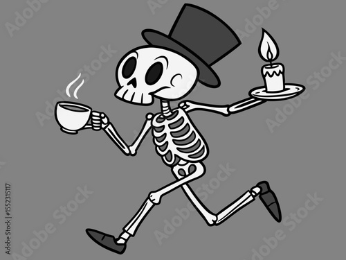 Joyful skeleton character running with teacup candle wearing black top hat and shoes
