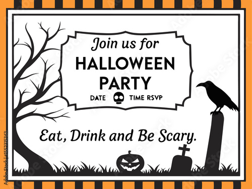 Halloween party invite with vintage ticket style graveyard scene raven and spooky message