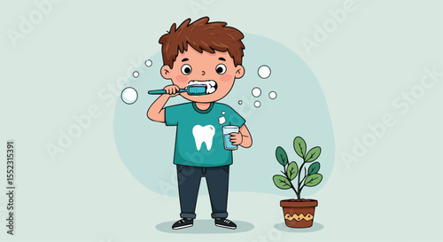 Cute Boy Brushing Teeth with Toothbrush and Cup