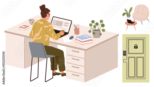Woman typing on laptop at desk with books, coffee cup, potted plant, and stationery. Nearby chair, side table, and locked door. Ideal for remote work, productivity security office culture