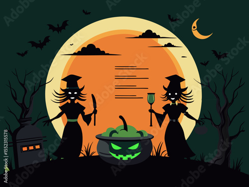 Dark Halloween menu card spooky witches ghostly figures full moon and elegant text