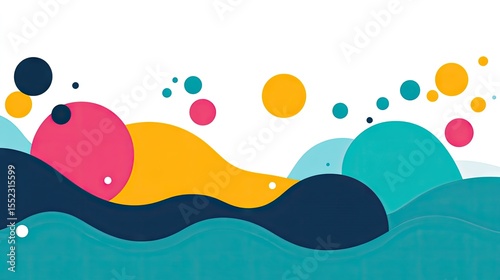 Abstract design with wavy shapes and colorful circles.
