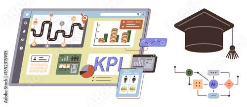 Wallpaper Mural KPI dashboard tracks progress and performance. AI-based workflow connects data processes. Graduation cap highlights education and growth. Ideal for analytics, AI, e-learning, strategy, planning Torontodigital.ca