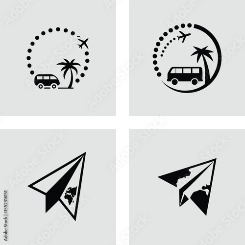 Travel Icons Van, Airplane, Palm Tree, Journey, Vacation