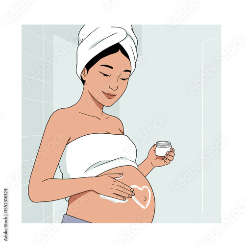 Pregnant woman applying cream to belly with a happy expression, vector, icon /  幸せそうな表情でお腹にクリームを塗る妊婦、ベクター、アイコン