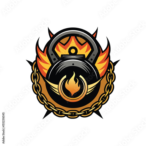 Vintage kettlebell logo with chains and flames – fiery gym fitness emblem, hardcore strength training badge, bold retro workout vector design for sports, branding, apparel

