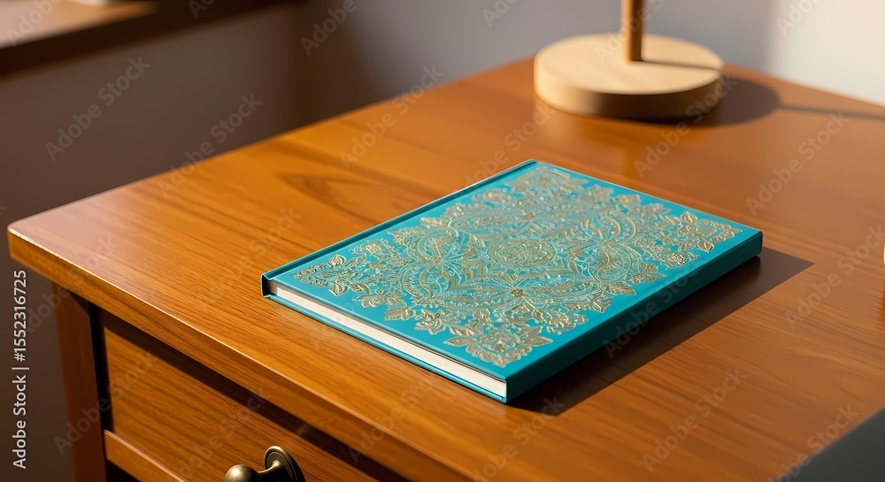 Fototapeta premium Journal of Dreams: Turquoise Notebook on Wooden Nightstand