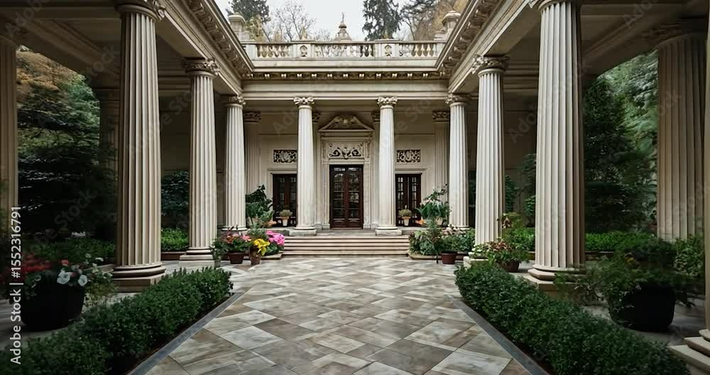 Exterior video of a grand building with a classical architectural design featuring columns, arches, and a symmetrical layout. Lush greenery surrounds the structure and paved pathway