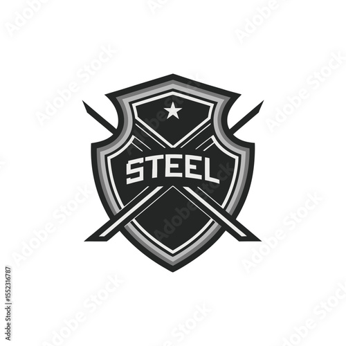 Steel shield logo with crossbar and initials – modern emblem design for security, protection, strong branding, armor-inspired badge for business, esports, or military logo identity.