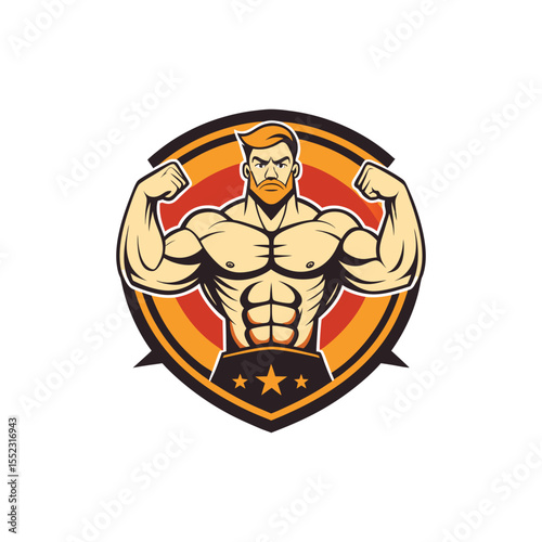 Vintage retro badge logo featuring 1970s classic bodybuilder flexing muscles. Old-school fitness gym emblem design perfect for bodybuilding, supplement brands, and strength training merchandise.