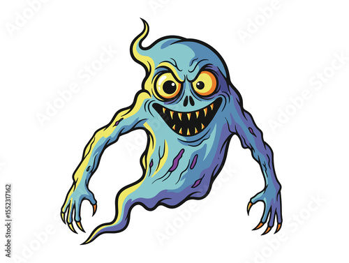 Creepy crypt ghost floating in cemetery with frighteningly sharp teeth and claws - isolated white background cartoon illustration