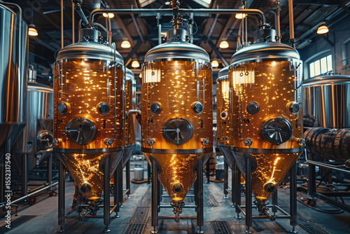 Three large, modern conical fermenters made of copper and steel stand in a craft brewery. The golden kvass inside is illuminated, creating a sparkling effect through the textured walls