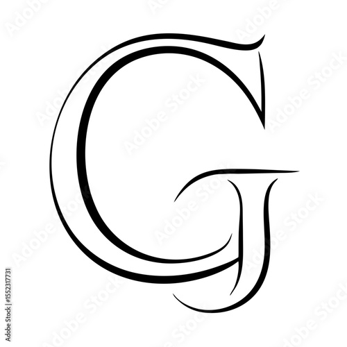 Elegant black calligraphy letter g and j design on white