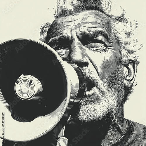 Senior man passionately speaking into a megaphone for Human Rights Day  