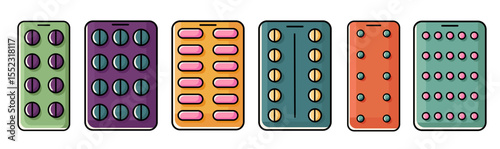 Set of different pills and capsules blisters isolated on white background. Vector drugs packaging, pharmacy products for health