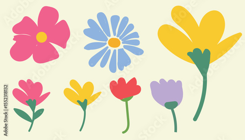 Collection of twelve colorful simple flat design flowers in various shapes and colors.