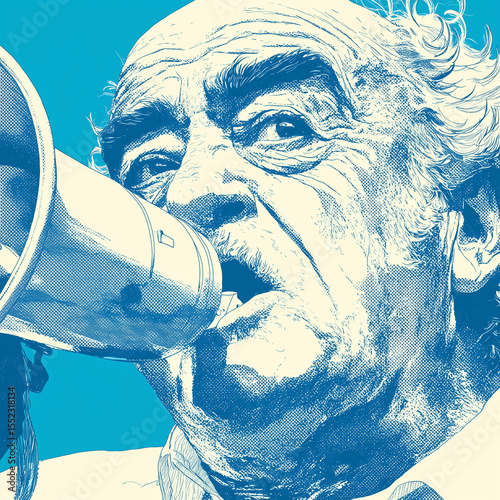 Senior man shouting into megaphone against blue background for Human Rights Day  